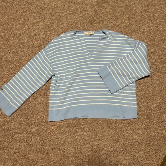 LOFT Light Blue and Cream Striped V-Neck Sweater - Picture 1 of 6